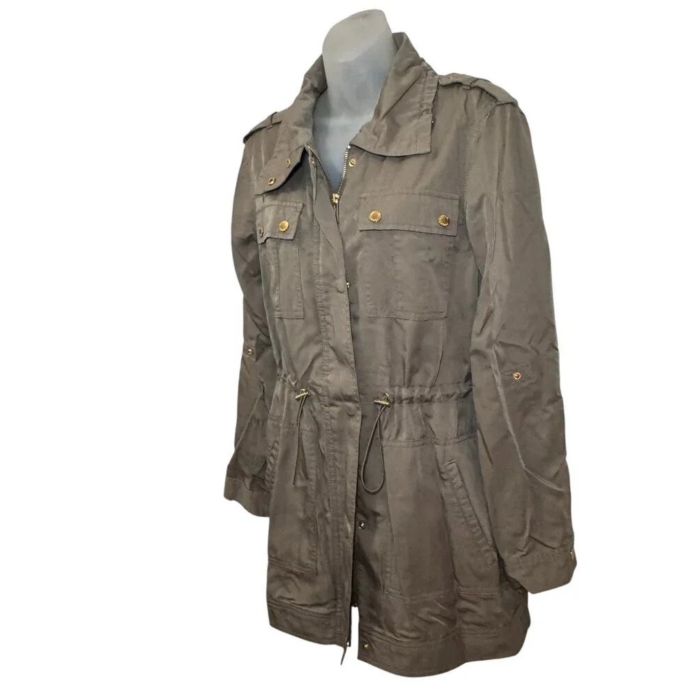 Michael Kors Anorak Coat Jacket Drawstring Waist Khaki Green Gold‎ Hardware XS - Picture 3 of 11
